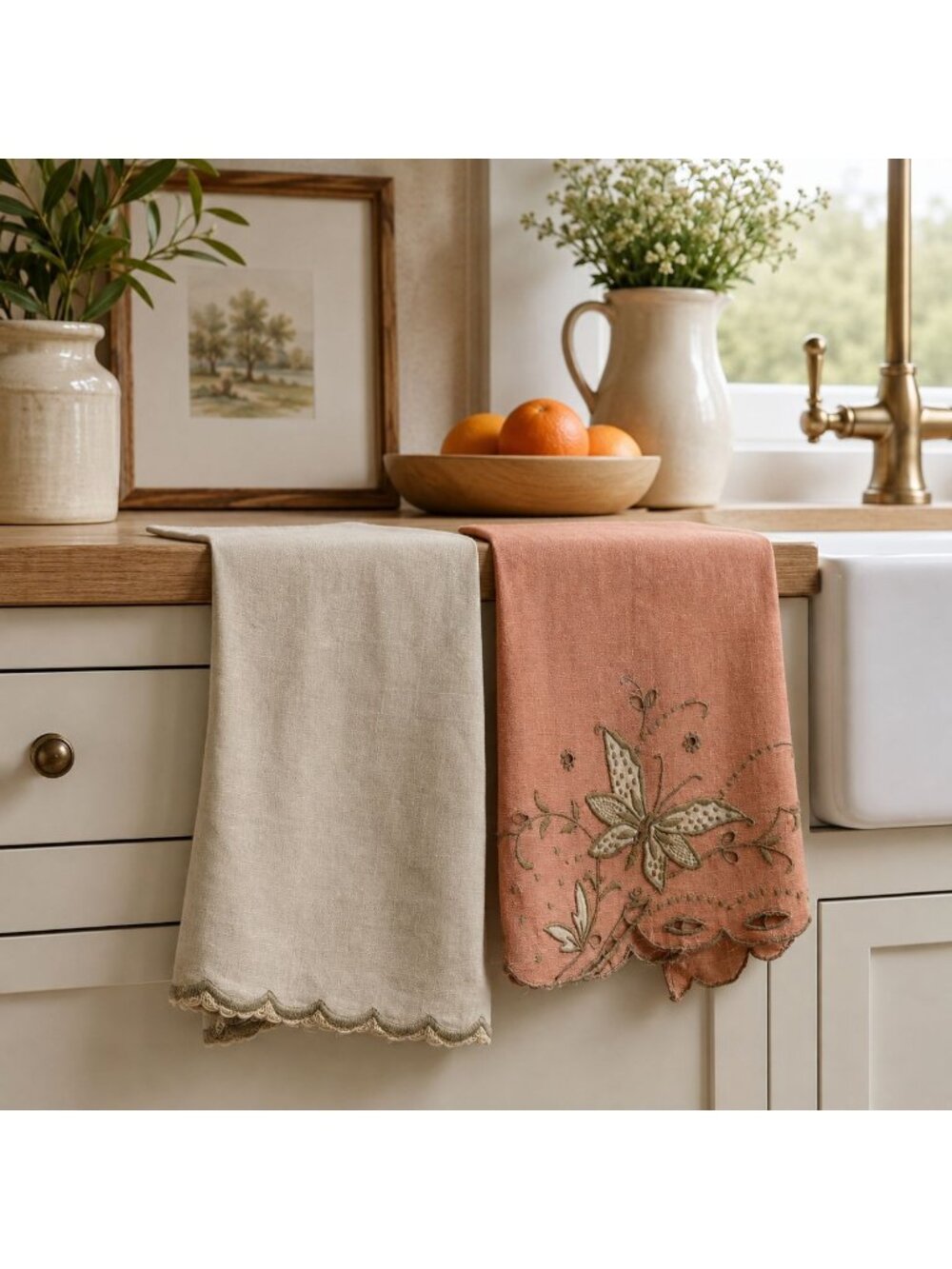 Vintage Embroidered Linen Tea Towels Set of 2 Butterfly Guest Towel Idea for Cot